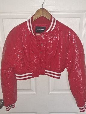 Fashion Nova Shiny Red Quilted Cropped Varsity Jacket